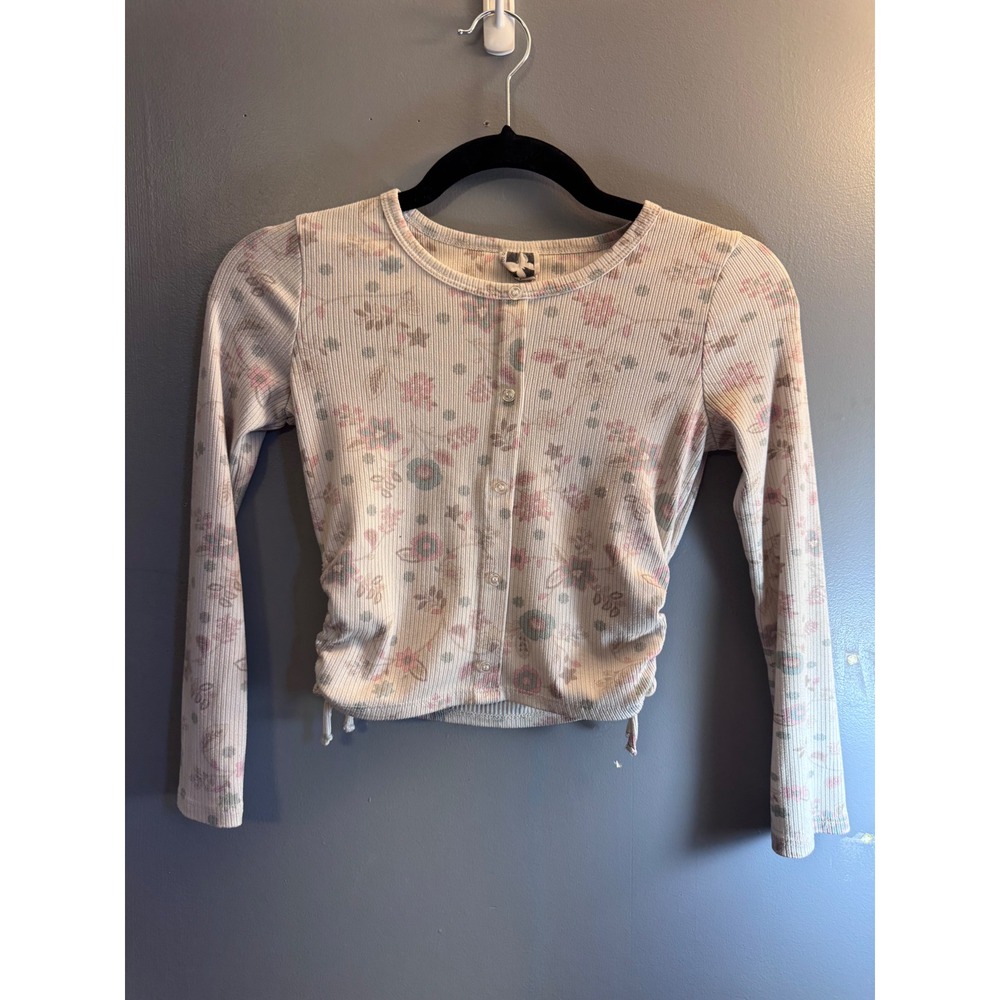 Self Esteem Floral Ribbed Long Sleeve Button Front Ruched Side Top Small